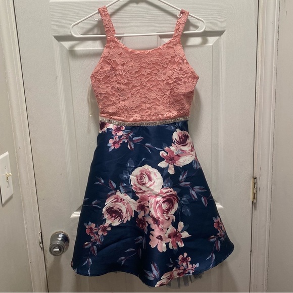 Speechless Other - Speechless kids pink and navy blue rosette satin dress
